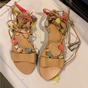Loeffler Randall Tan Gladiator Sandals with Multicolor Pom Pom Accents